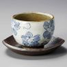 Tasse japonaise en terre blanche et fleurs bleue avec soucoupe