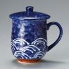 Taza de té tradicional japonesa con tapa, negra y azul, SEIGAIHA