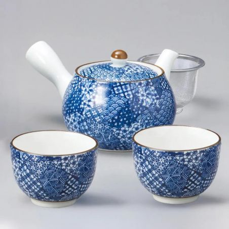 Teiera giapponese in ceramica blu e bianca e le sue due tazze, 420cc - ARITA WARE