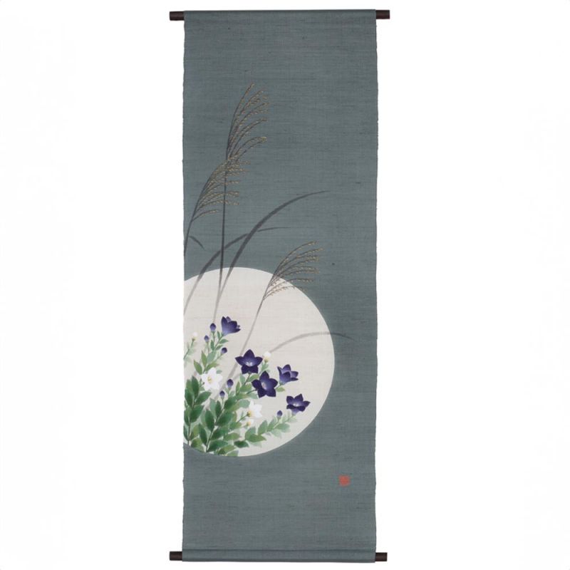 Fine Japanese tapestry in hemp, Campanulas and pampas grass - SUSUKI