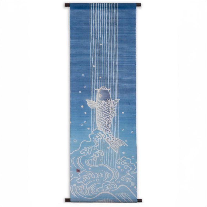 Fine Japanese hemp tapestry, carp climbing a waterfall - KOI