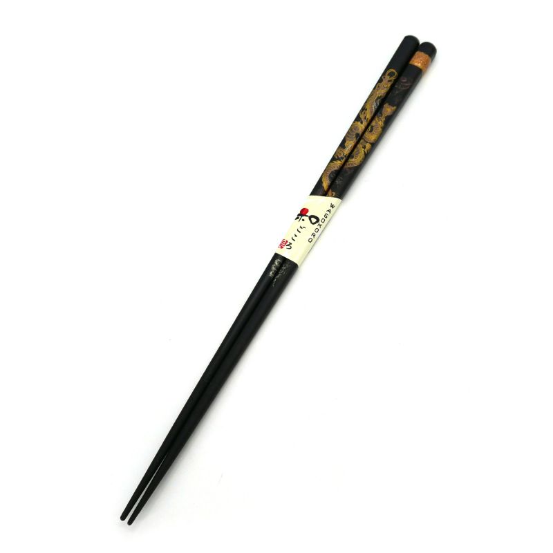 Par de palillos japoneses en madera natural negra con diseño de dragón dorado o plateado, WAKASA NURI SEIRYU, 24 cm