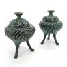 Pair of Japanese Tripod Incense Burners, Shunsen, Floral Motif, Antique, Bronze VINTAGE