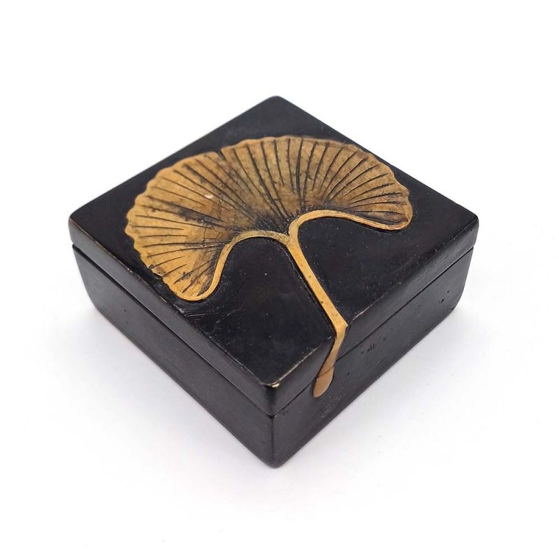 Black hand carved soapstone box, made in Burma, Gingko, vintage