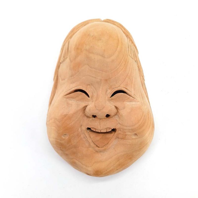 Small carved wooden mask, vintage Noh, OKAME, Japanese Shinto goddess of joy