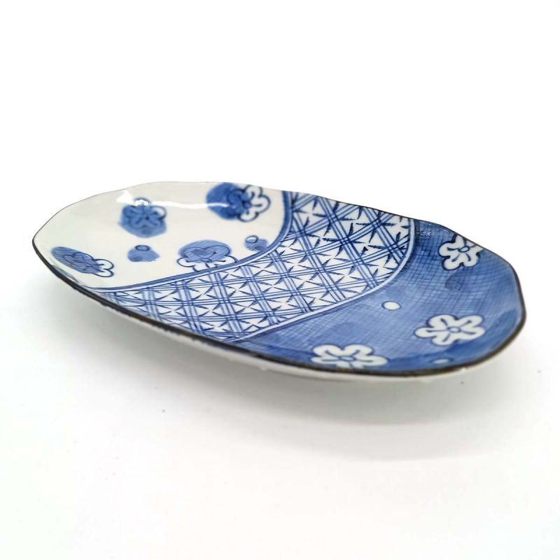 Assiette ovale japonaise en céramique, gris et bleu - SAKURA