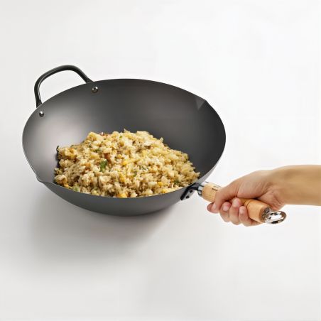 Wok en acier avec manche en bois, YOSHIKAWA BEJING WOK, 33cm