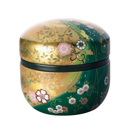 Japanese green and gold metal tea caddy, SUZUKO HANAFUBUKI, 150 g