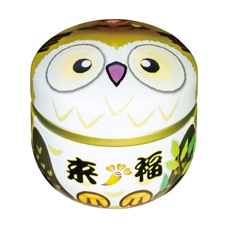 Japanese brown metal tea box with owl motif, Furuko, 150gr