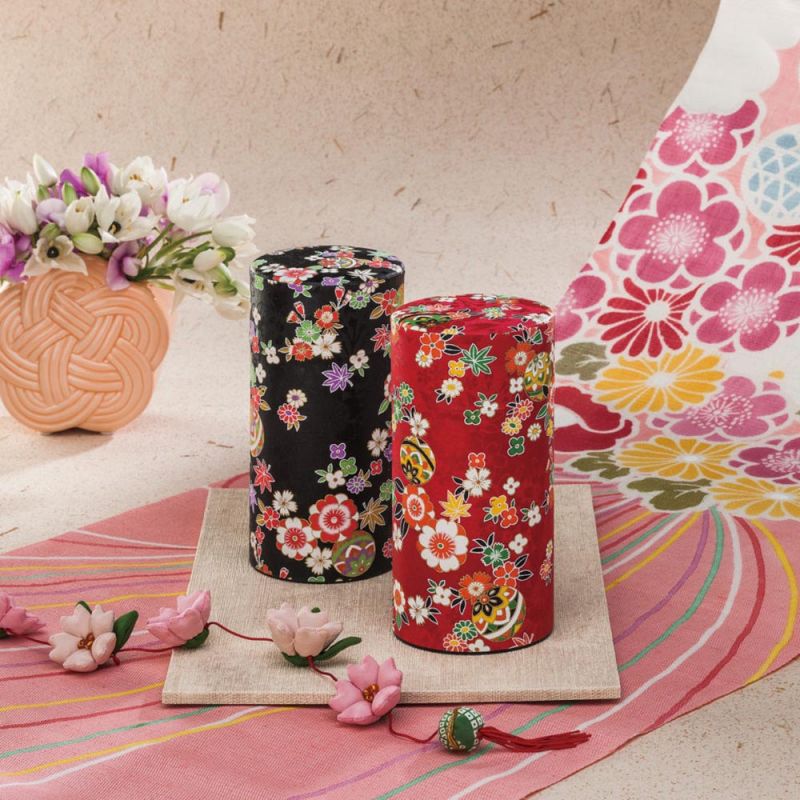 Dúo de botes de té japonés rojo y negro cubiertos con papel washi, HANAYOSE, 200 g