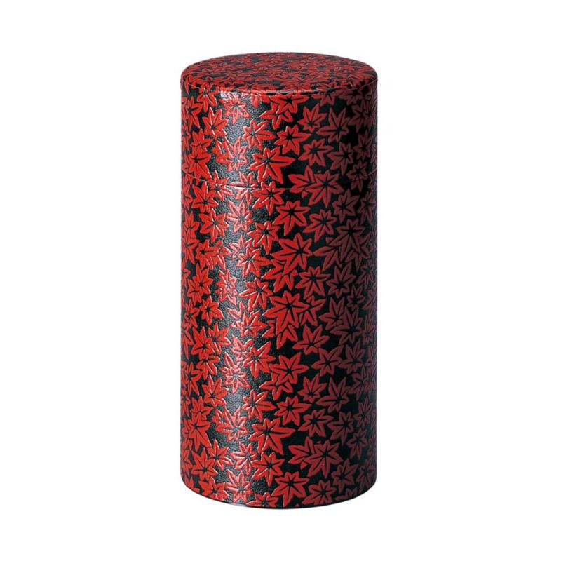 Japanese red and black tea caddy with maple leaf pattern in metal, MOMIJI, 150 g or 200 g