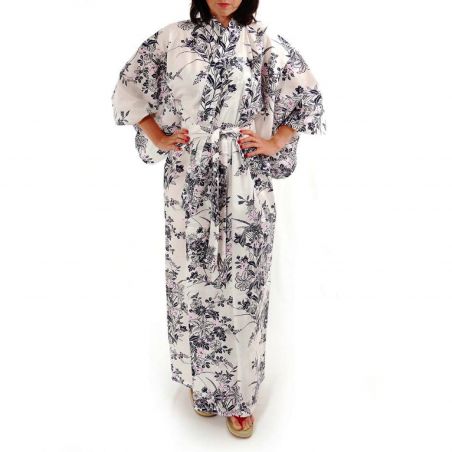 Traditioneller japanischer Yukata-Kimono aus weißer Baumwolle mit Lilienmuster für Damen, YUKATA YURI