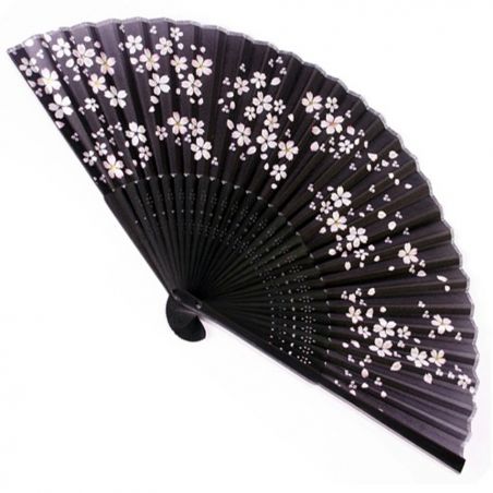 Japanese silk and bamboo fan, black, SAKURA, 21 cm