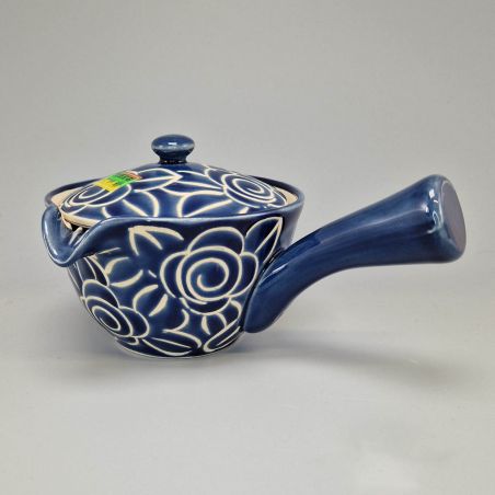 Tetera japonesa de cerámica Arita 270cc, azul con patrón de flores, modelo HANA