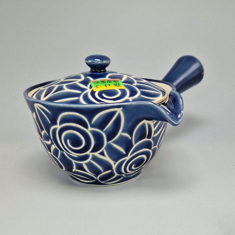 Japanische Teekanne aus Arita-Keramik 270cc, blau mit Blumenmuster, Modell HANA