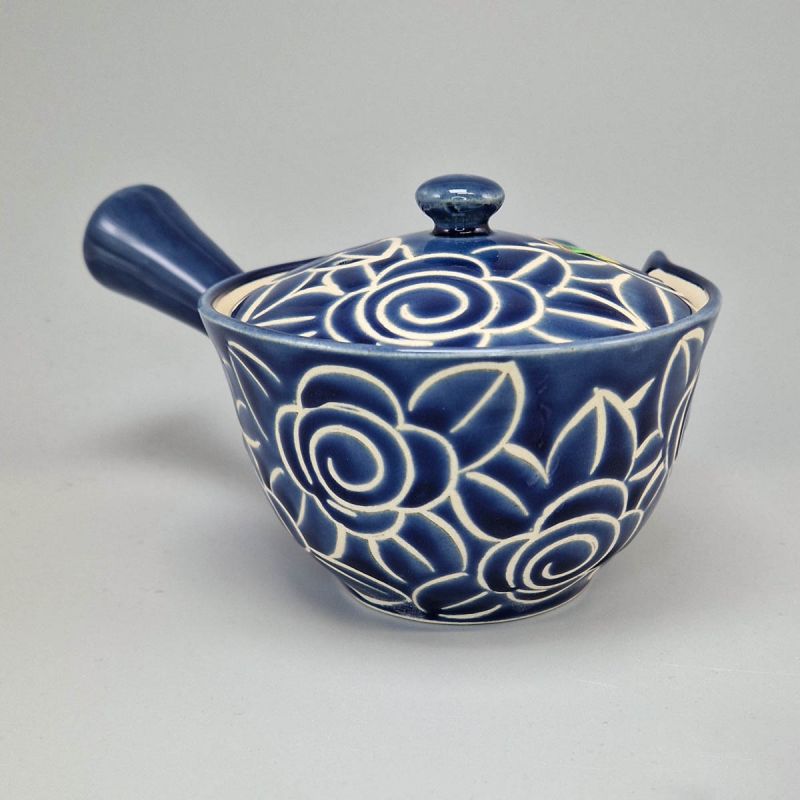 Teiera giapponese in ceramica Arita 270cc, blu con motivo floreale, modello HANA